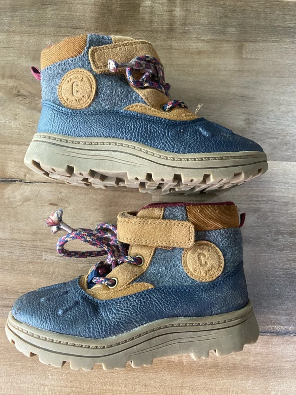 Kids Blue and Tan Lace-Up Outdoor Boots